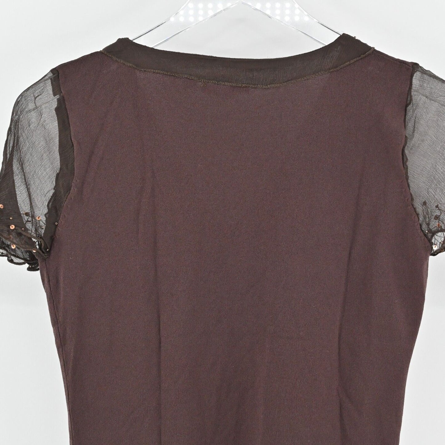POIS Top Womens Size M VNeck Rosette Sequin Sheer Short Sleeve Chocolate Brown
