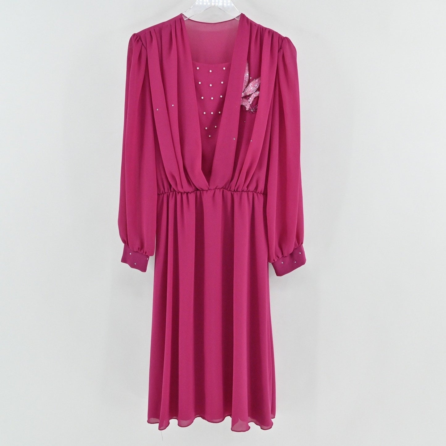 Vintage 70s 80s Blouson Evening Midi Dress Sz 10 Pink Beaded Sequin Puff Sleeve