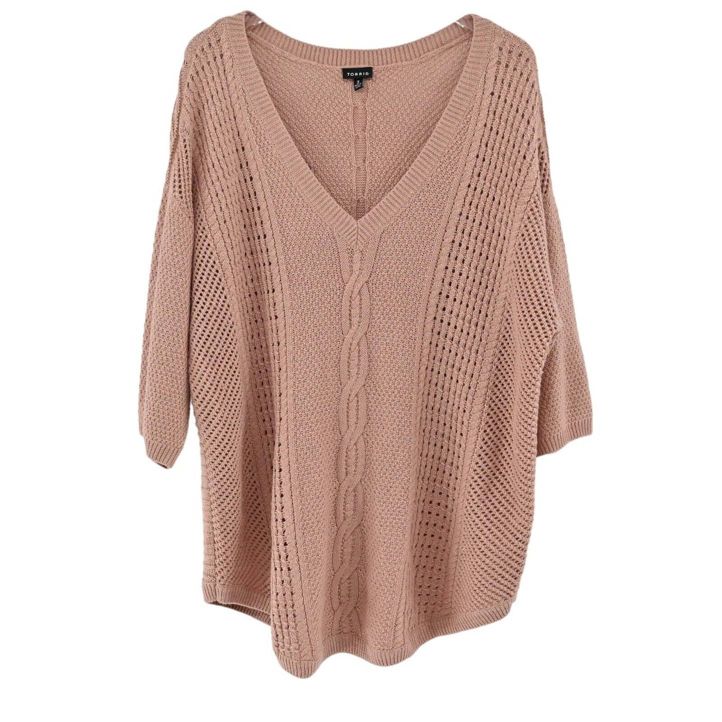 TORRID Sweater Women Sz 3X Pink Metallic Wool Blend Cable Knit Dolman 3/4 Sleeve
