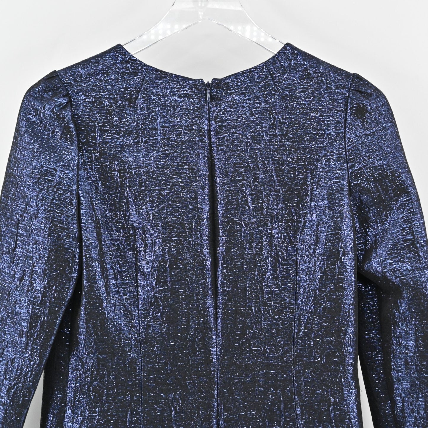 ARIANA ROCKEFELLER Dress Size 0 Silk Black Blue Metallic Long Sleeve Shift Silk