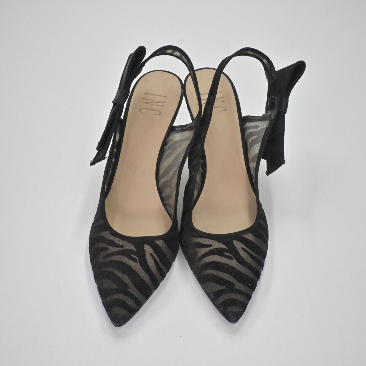 INC Slingback Heels Womens Size 9.5 Black Zebra Velvet Mesh Bow Coletta Stiletto