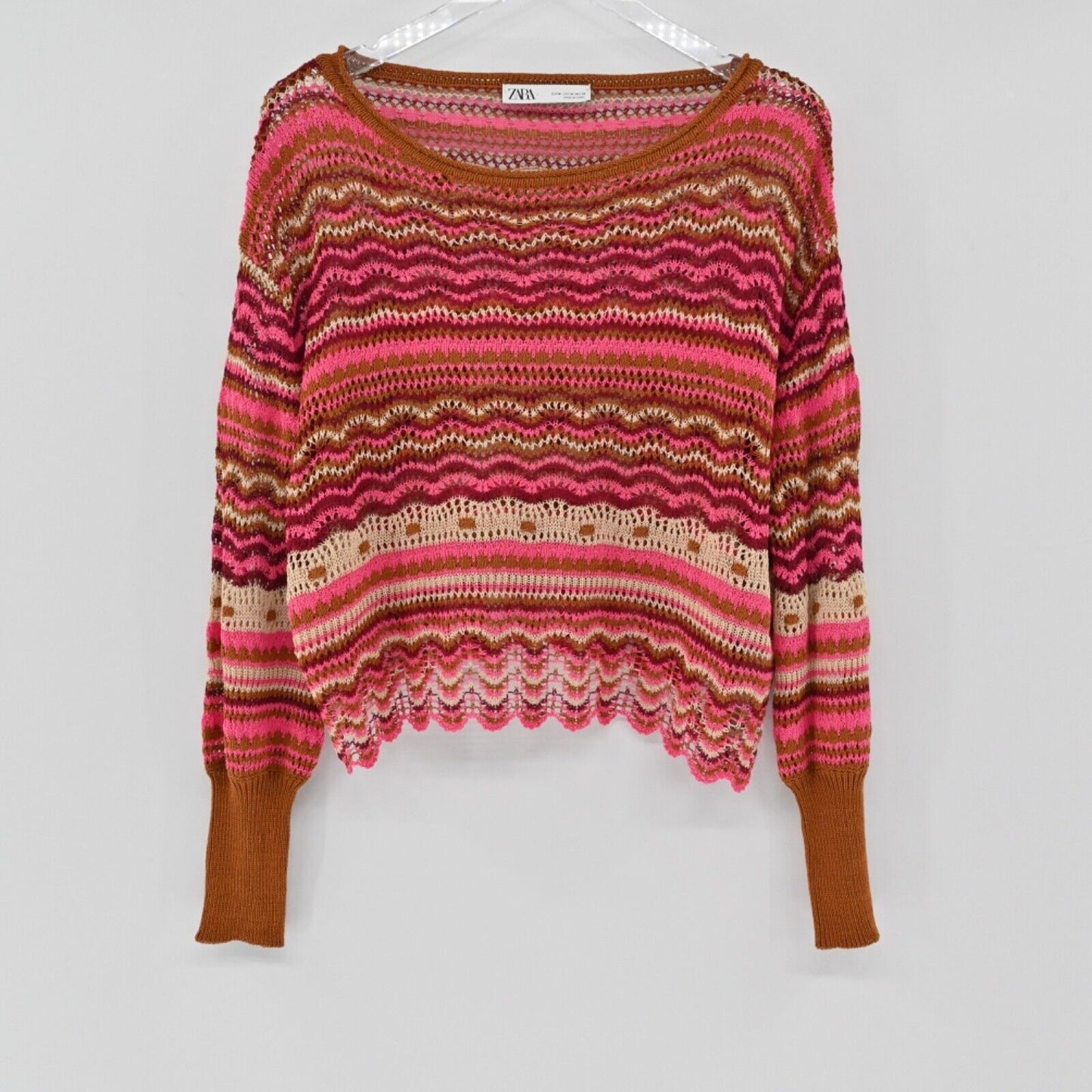 ZARA Sweater Women Sz M Pink Orange Stripe Cotton Blend Open Knit Boat Neck Boho