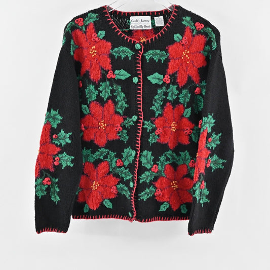 Vtg Christmas Cardigan Sweater Womens Size S Hand Knit Poinsettia Holly Berries