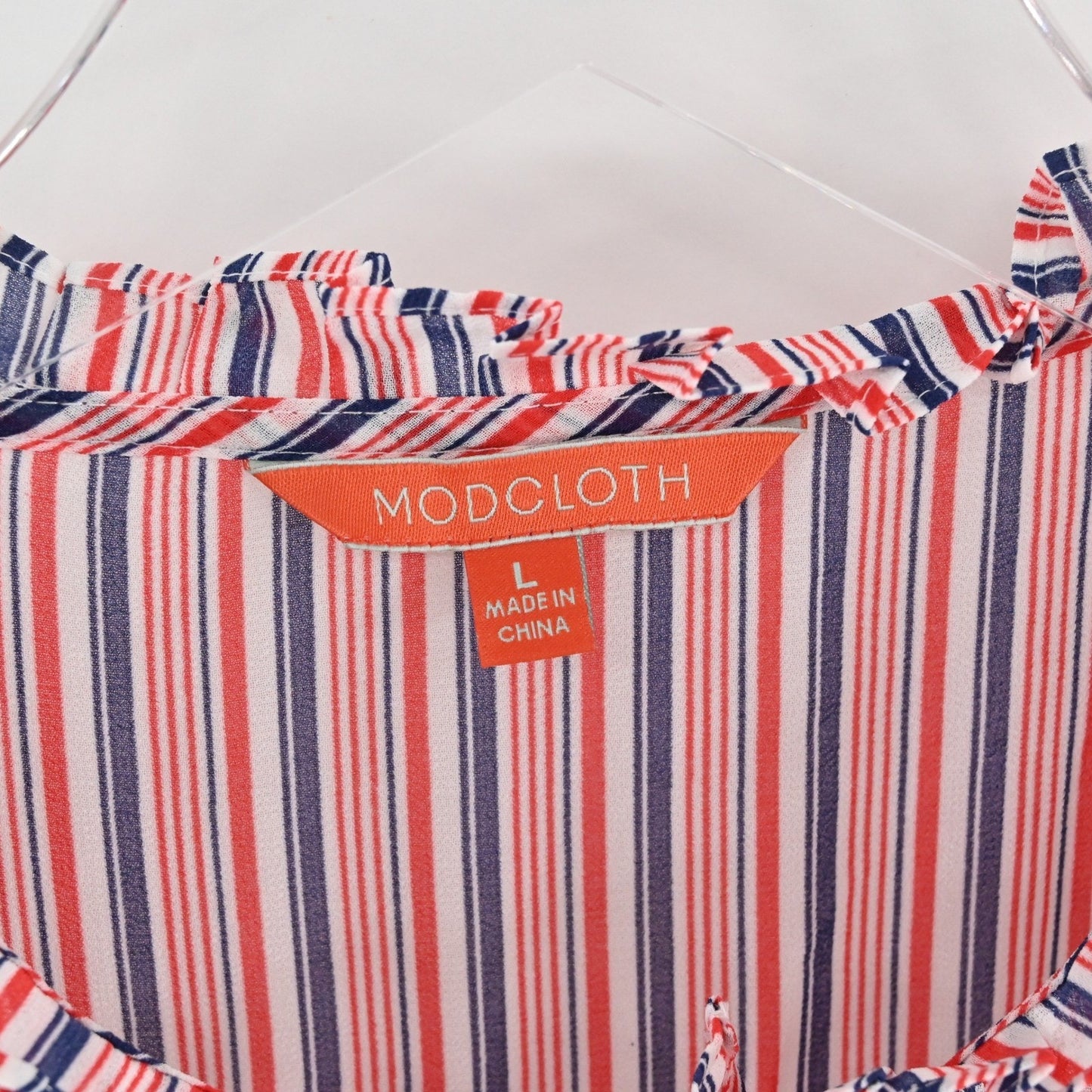 Modcloth Striped Button Front Midi Dress Size L Ruffle Nautical Retro Red Blue