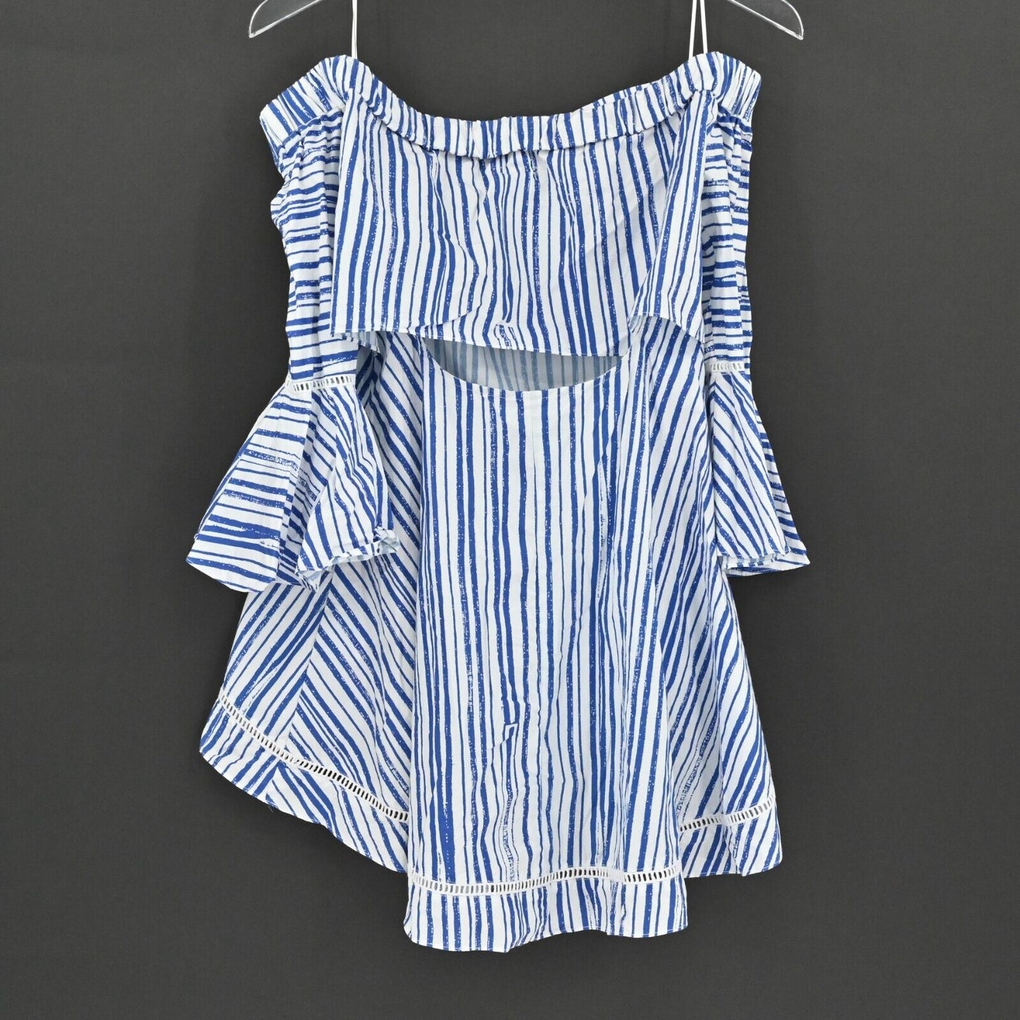 N NICHOLAS Top Womens Size 4 Blue White Off Shoulder Blouse Washed Stripe Cotton