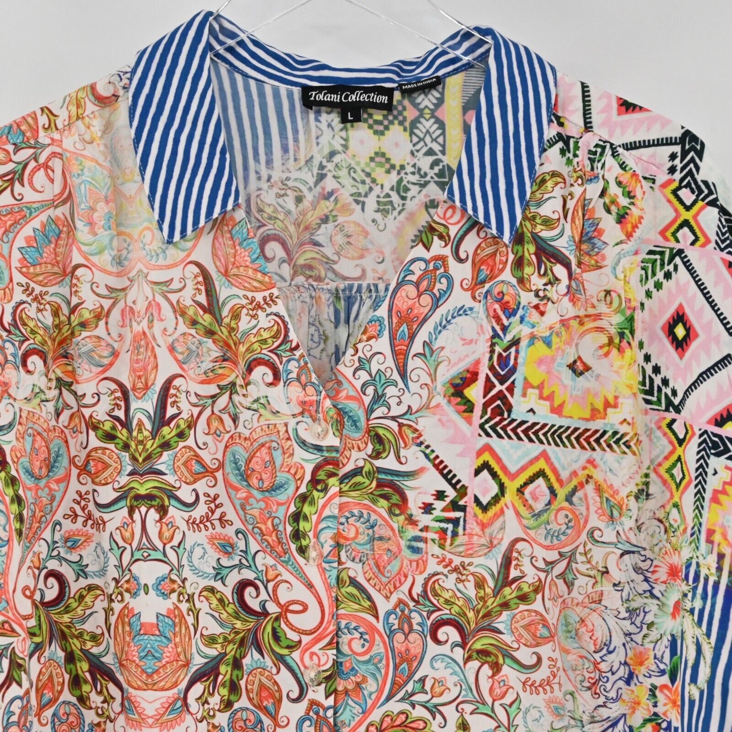 TOLANI Top Womens Size L Multicolor Collar Boxy Fit Short Sleeve Button Front