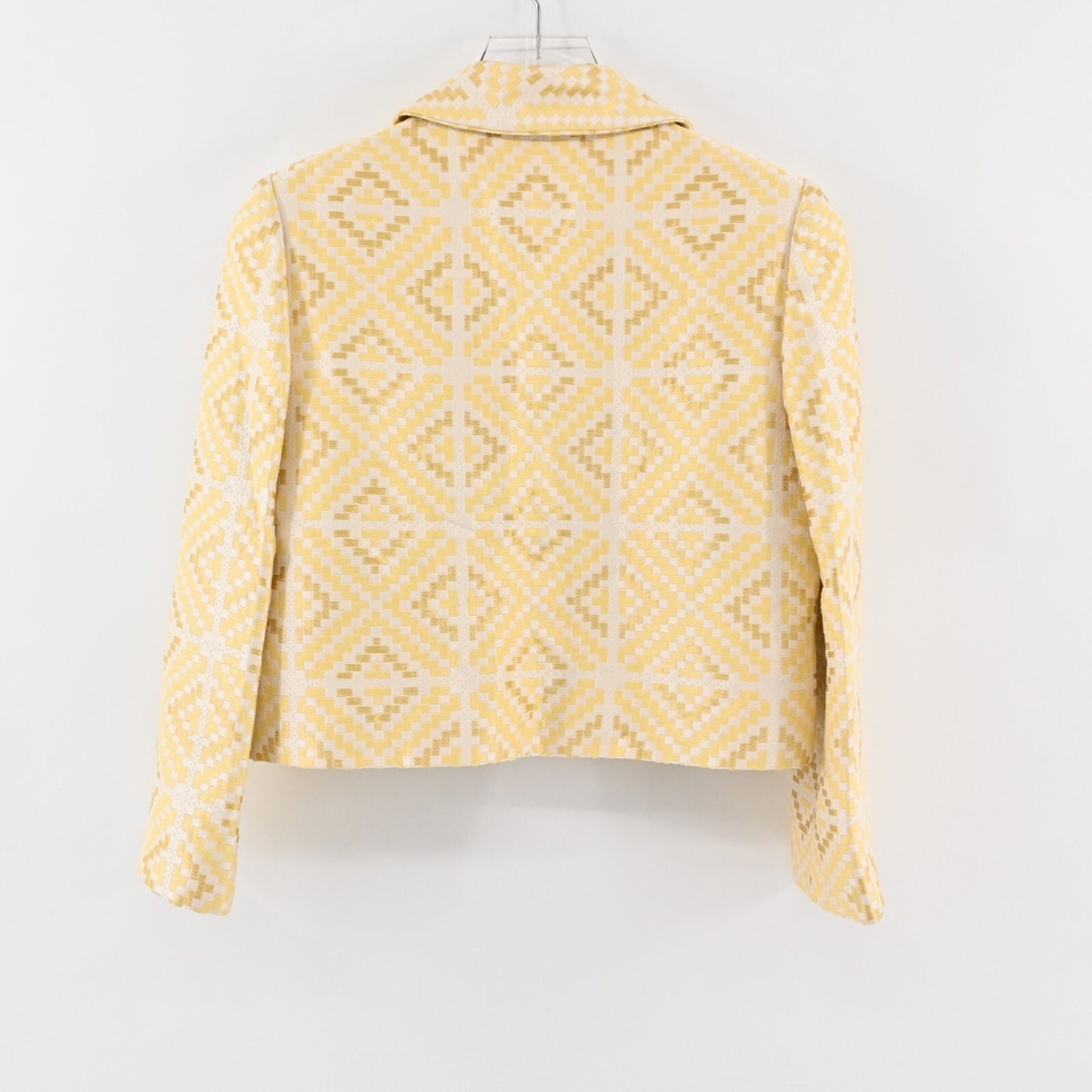 Vtg BILL BLASS Blazer Womens Size 6 Yellow Geometric Cropped Open Front Jacket