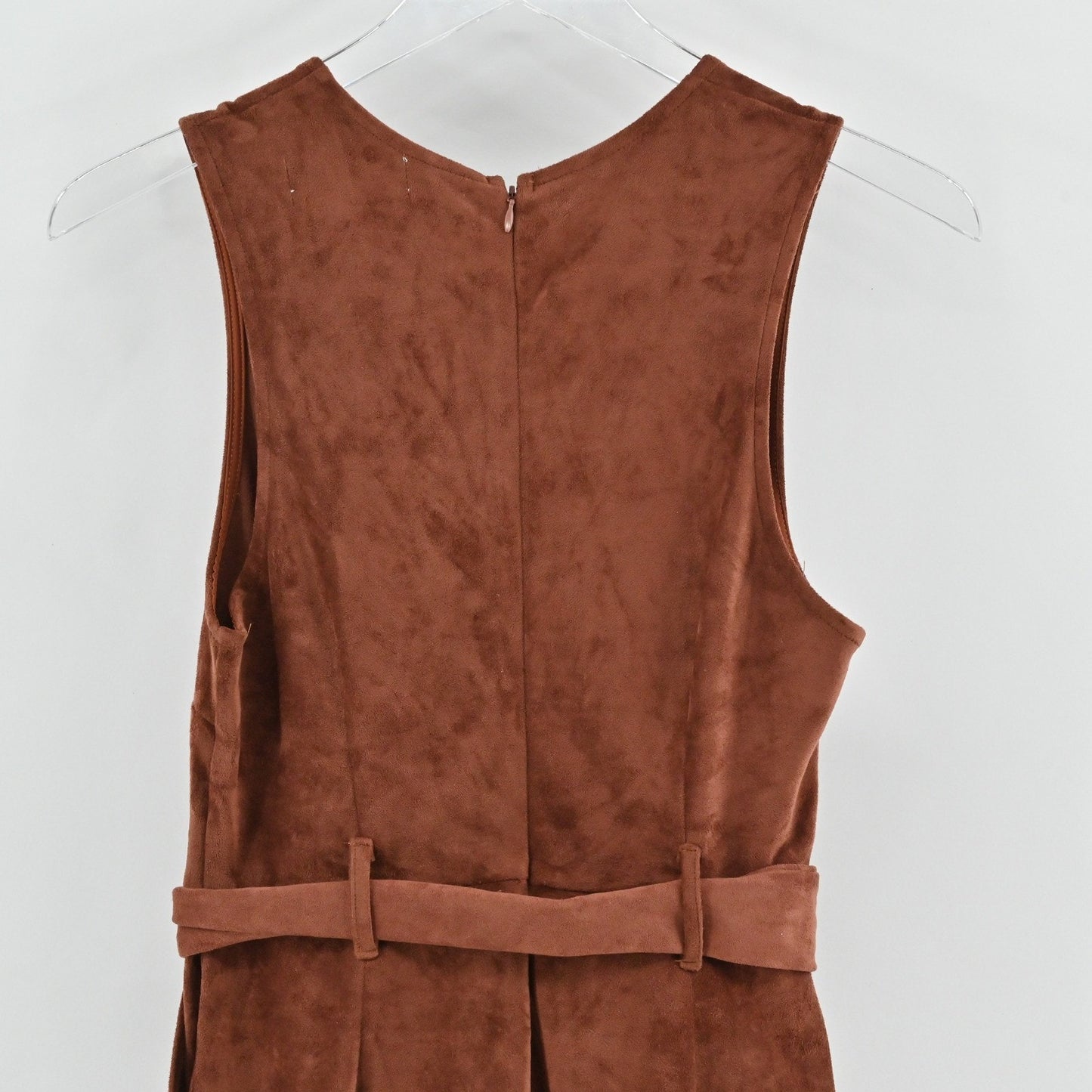 Anthropologie Womens Suede Jumpsuit Size XSP Brown Polished Sleeveless Belted
