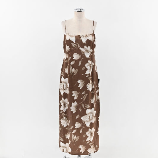 LULUS Midi Dress Size L Naturally Serene Brown Floral Satin Seamed Sleeveless