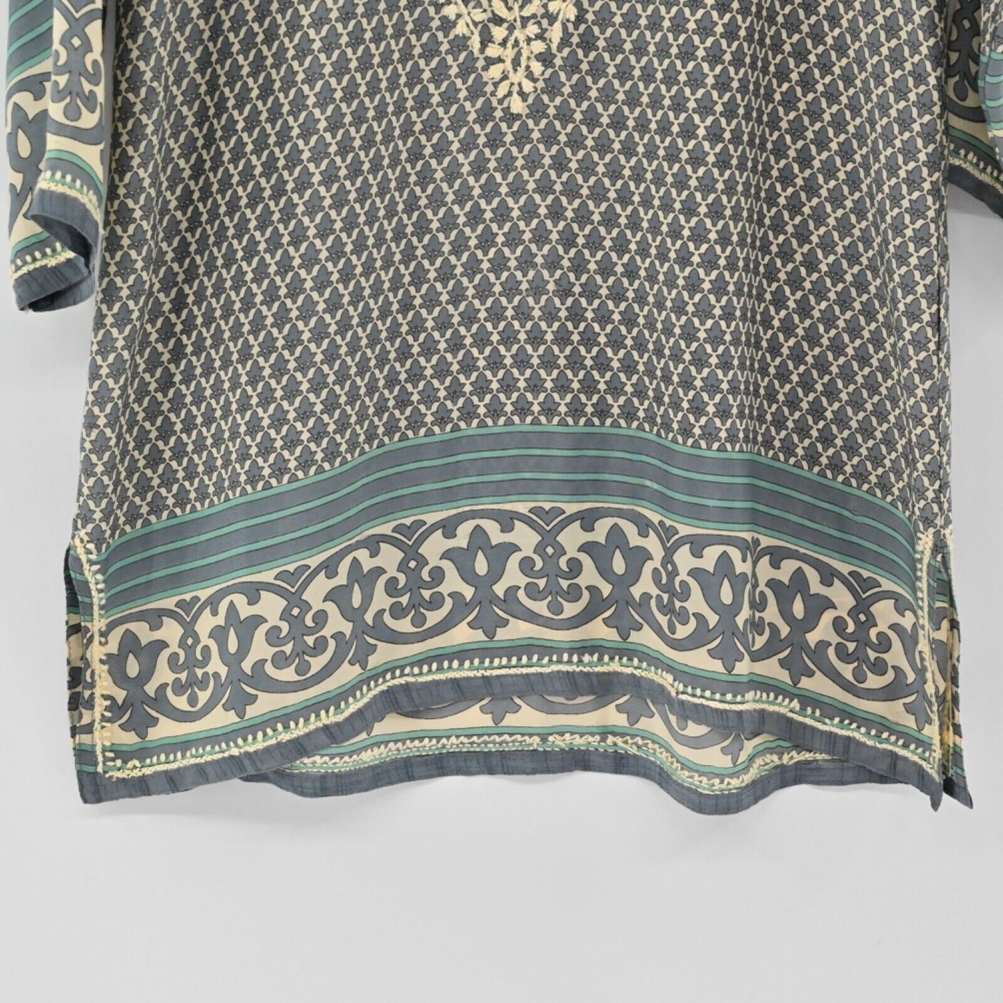 GRETCHEN SCOTT Tunic Top Womens Sz S Blue Silk Embroidered Boho Print 3/4 Sleeve