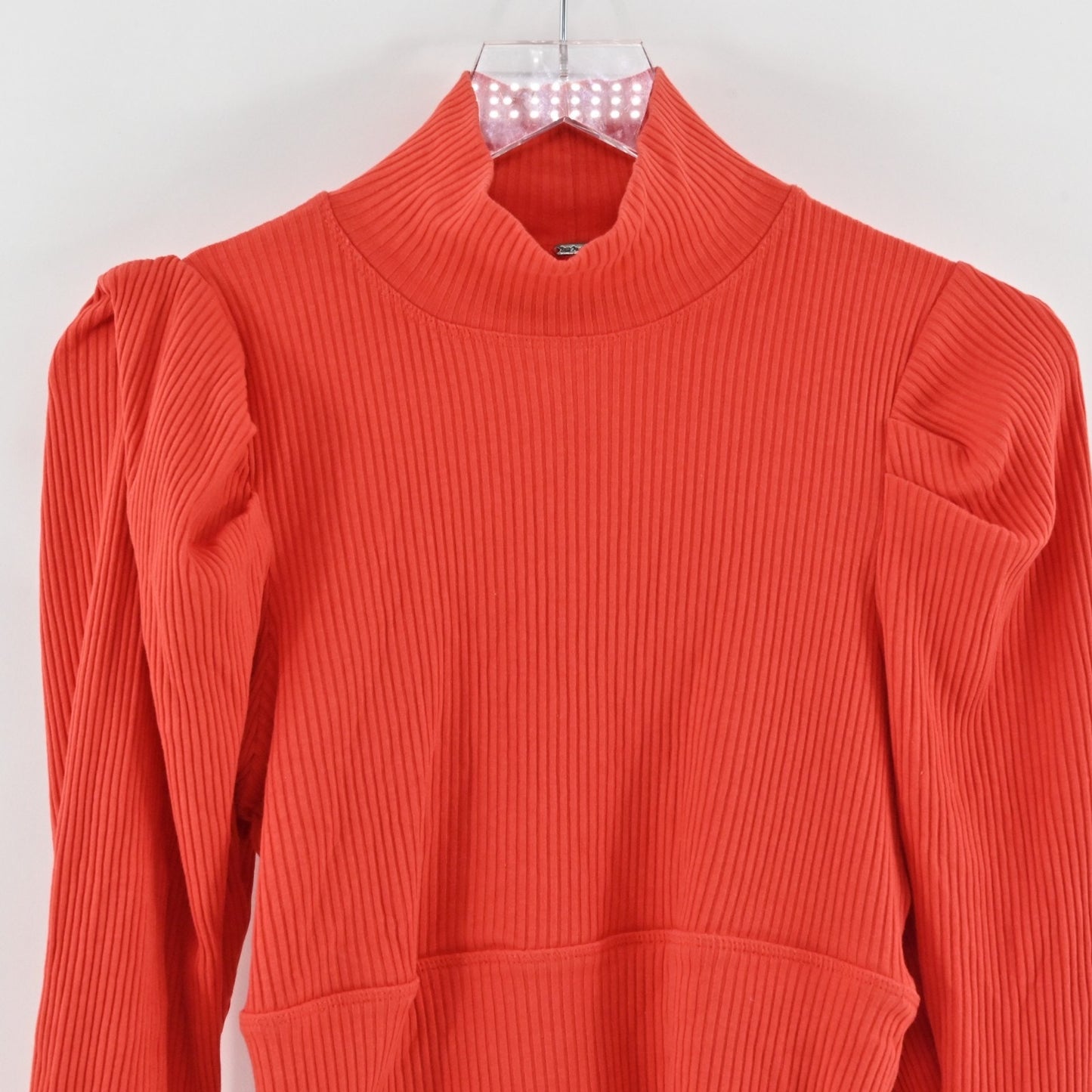 Free People Lala Cropped Top Size L Red Ribbed Puff Sleeve Mock Neck Vibrant