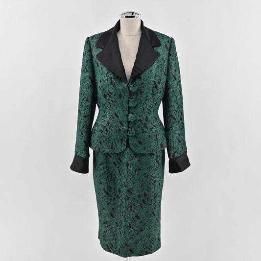 Vtg 80s PARVEEN COUTURIERE Womens Shimmer Jacquard Skirt Suit Sz 12 Green Career