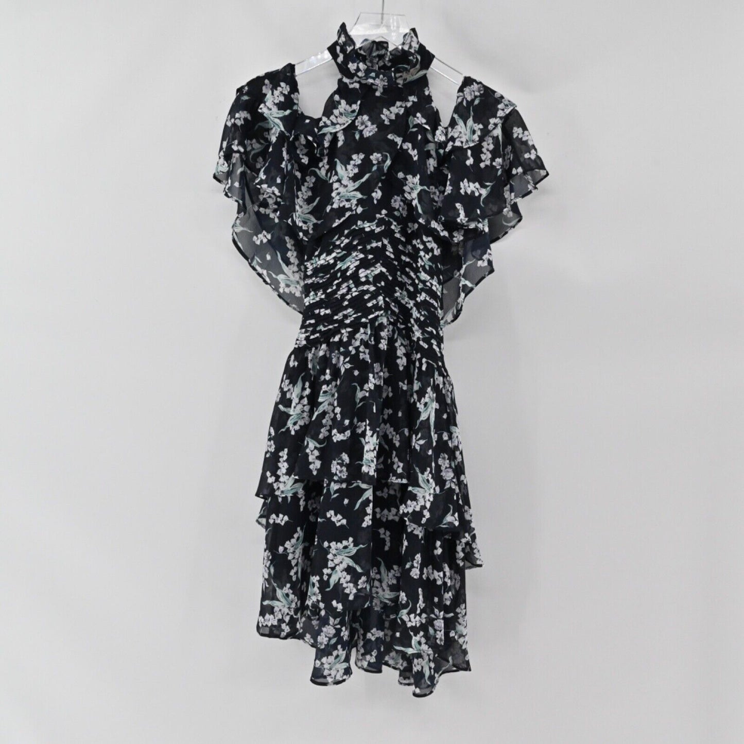 ELLIATT Dress Womens Sz XS Ruffle Mini Navy Blue Floral Cold Shoulder Whimsygoth
