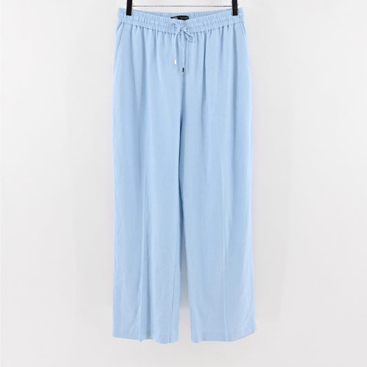 Zara Womens Blue Wide Leg Pants Size L Drawstring Waist High Rise Linen Blend