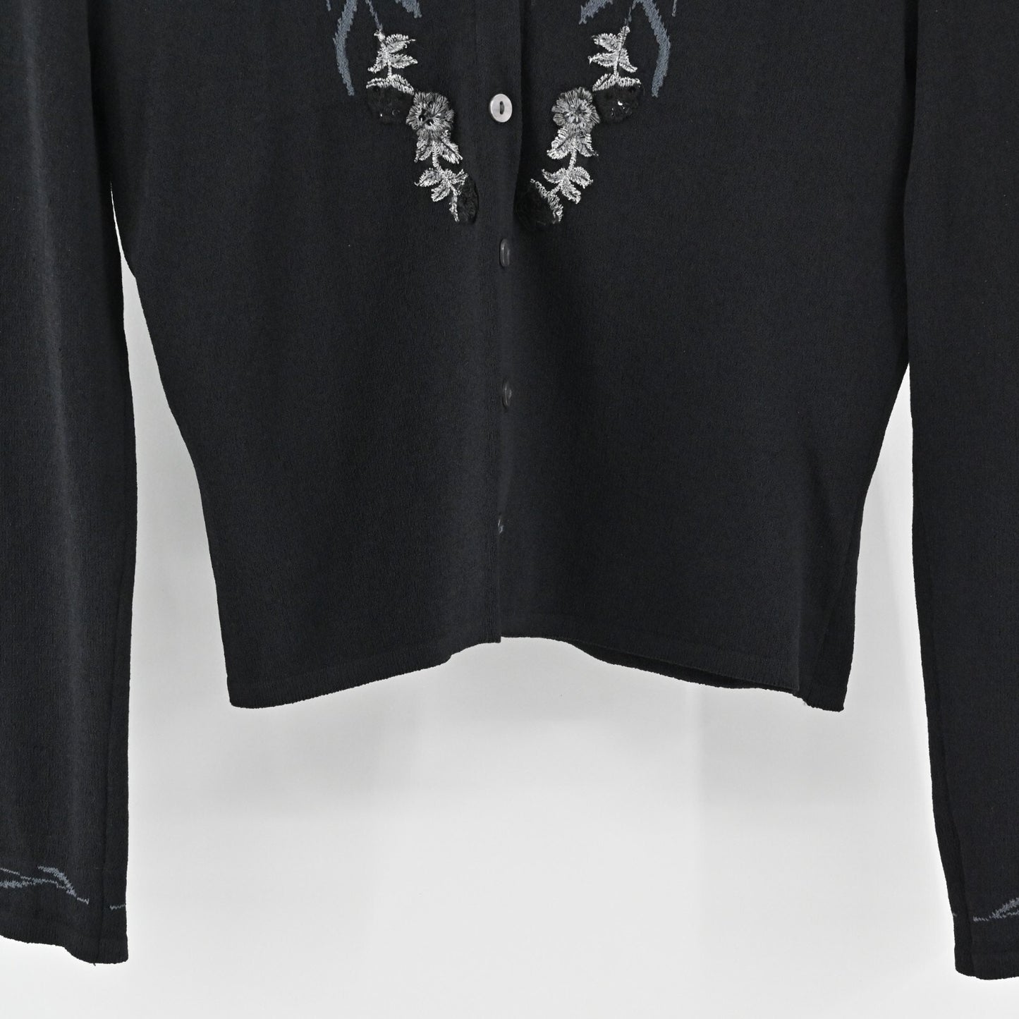 Vtg Embroidered Cardigan Womens Size M Black Floral Trim Knit GILDAS Sweater