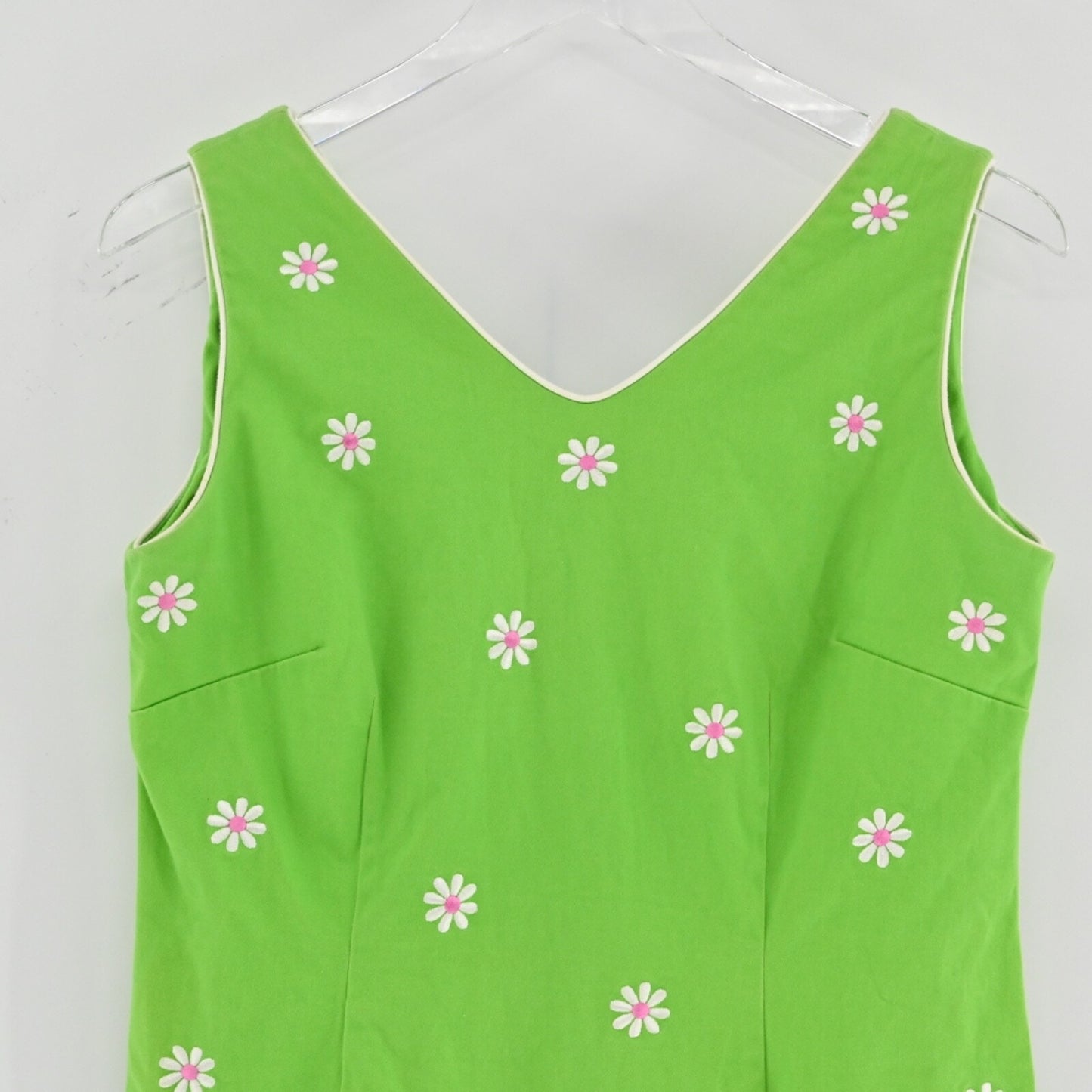 Vtg SAG HARBOR Green Embroidered Dress Size 10P Daisy Cotton Vibrant Bright Boho