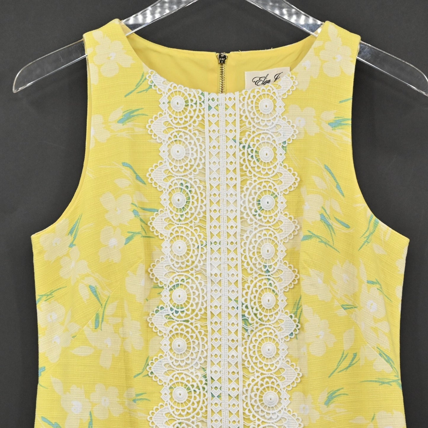 ELIZA J Yellow Shift Dress Size 6 Sleeveless White Lace Trim Floral Print Preppy