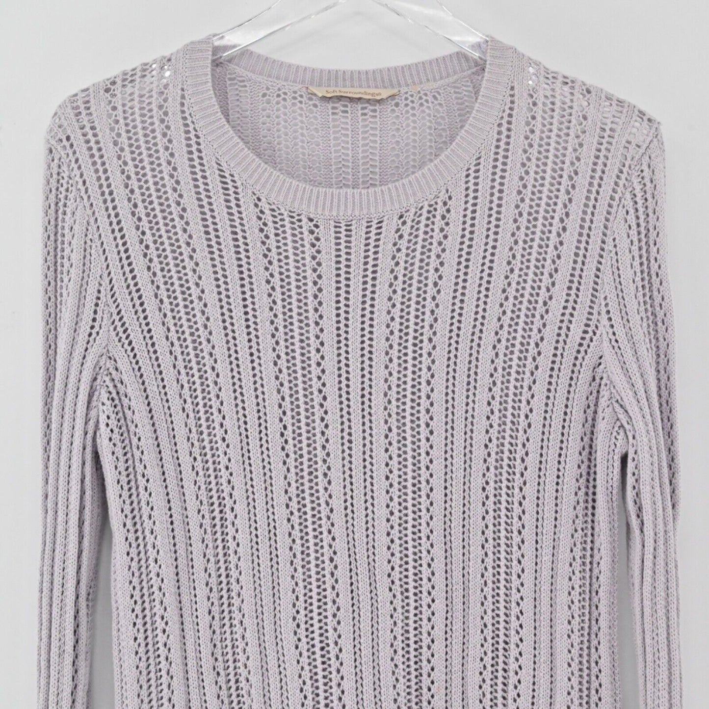 SOFT SURROUNDINGS Sweater Womens Size L Purple 100% Cotton Open Knit Fringe Boho
