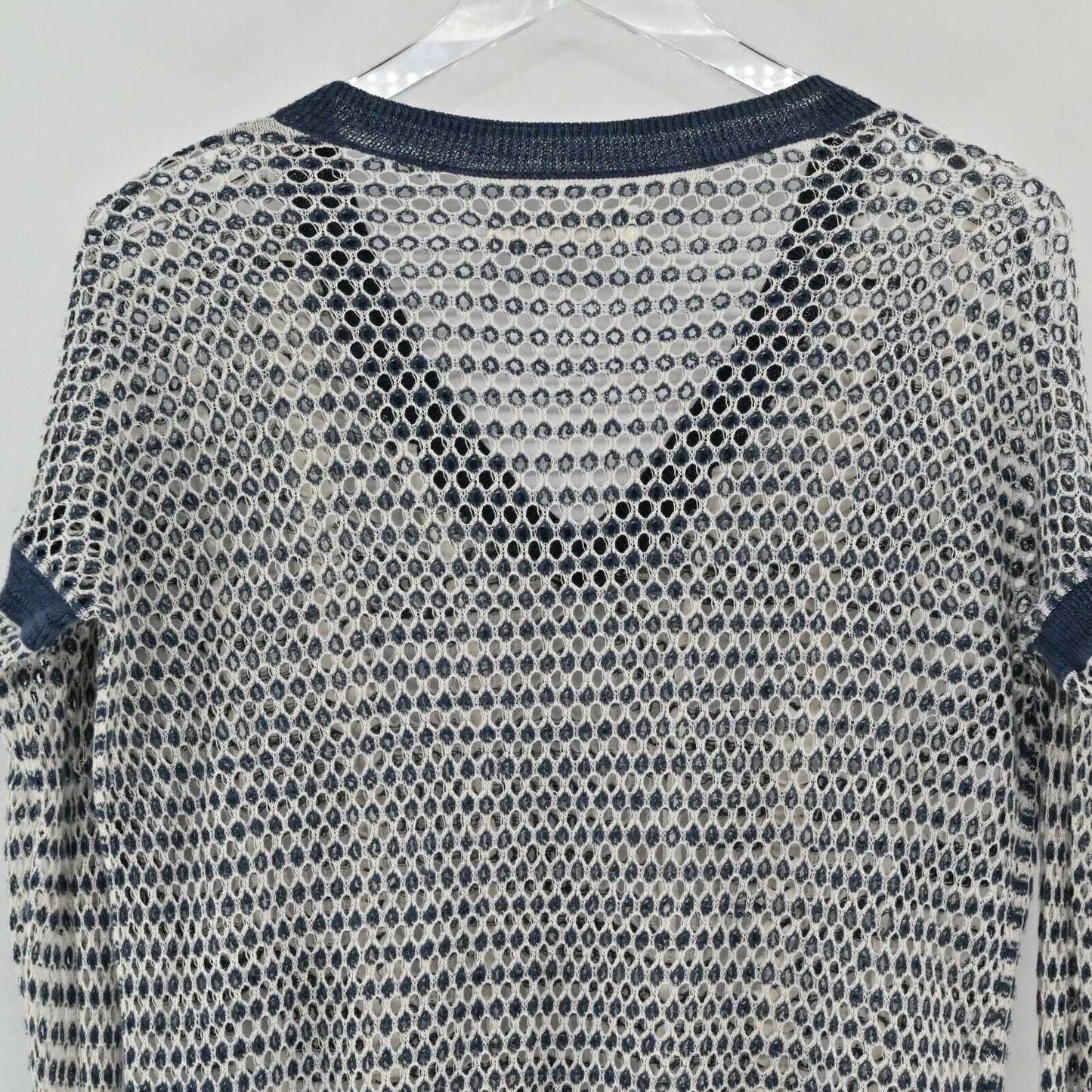 ABERCROMBIE FITCH Sweater Womens Size S Open Knit V Neck Long Sleeve Navy Ivory