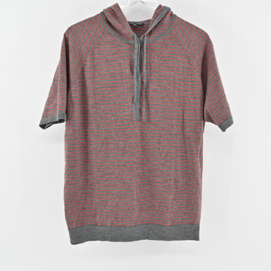 Eileen Fisher Womens Merino Wool Sweater Small Gray Red Striped Hoodie Pullover
