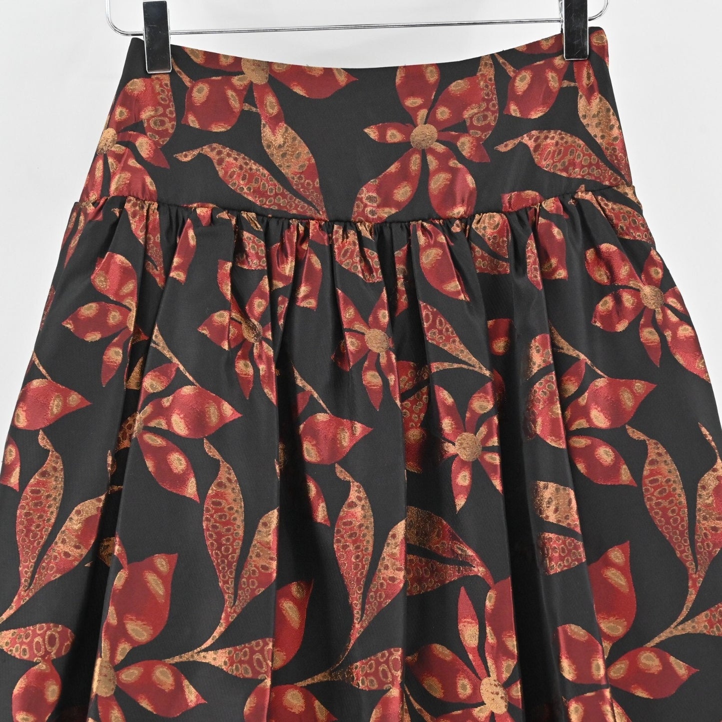 Vtg DAVID MEISTER Maxi Skirt Size 2 Pleated Black Red Floral Print High Waisted