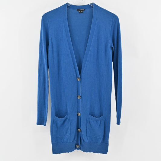 THEORY Cardigan Sweater Womens Size M Blue Alvina Cashcotton Cashmere Long Knit