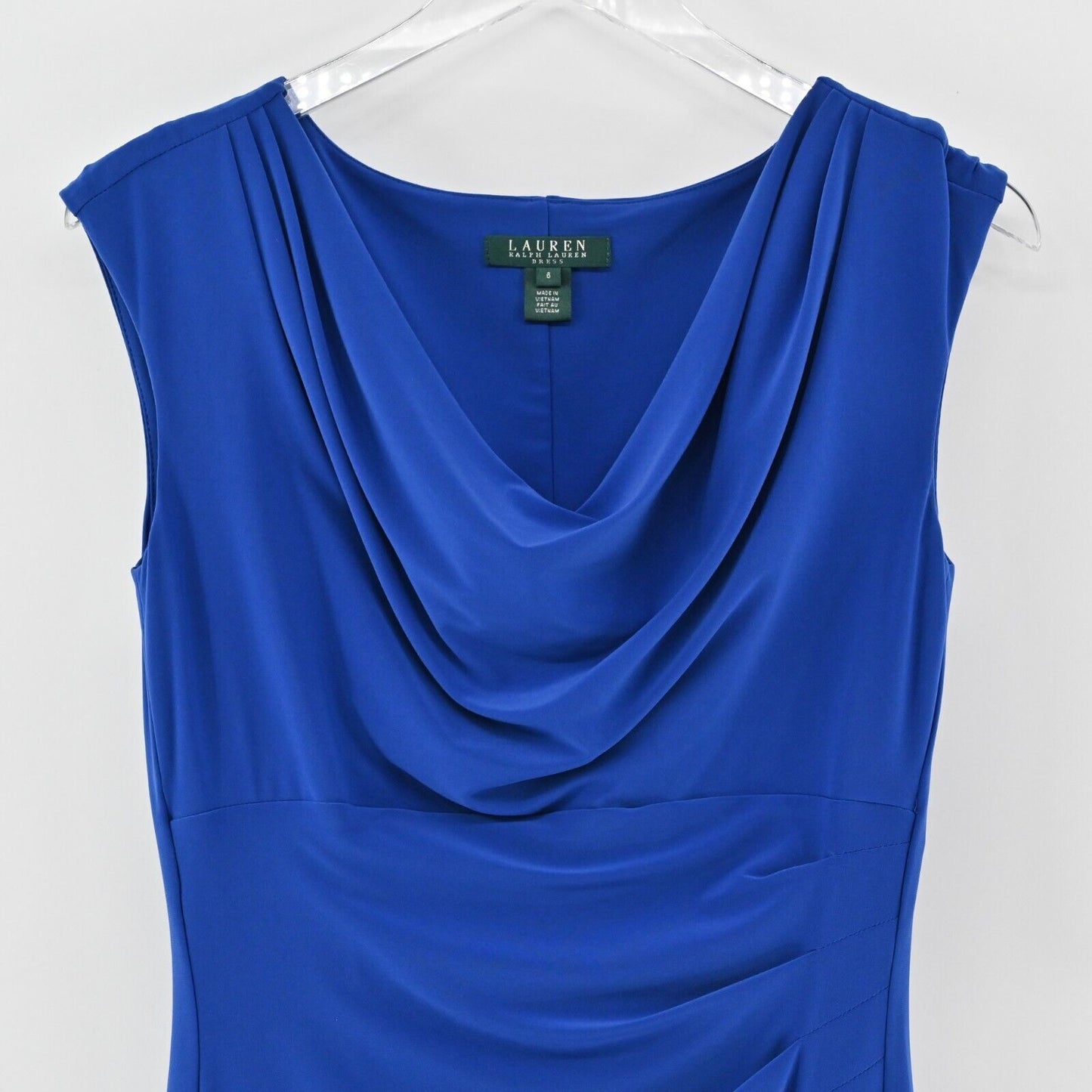 RALPH LAUREN Dress Size 6 Cobalt Blue Stretch Jersey Cowl Neck Ruched Corpcore