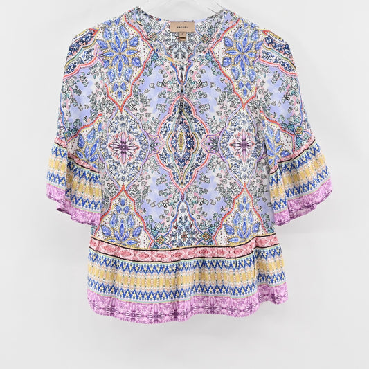 ANTHROPOLOGIE Top Womens Size 2 Kachel Lynn Silk Multicolor Print Swing Blouse