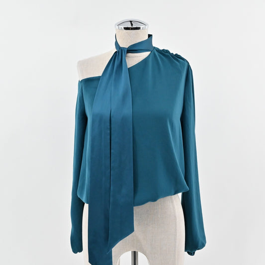 RAMY BROOK Womens Seneca Top Size XS Teal Draped Off Shoulder Neck Tie Blouse