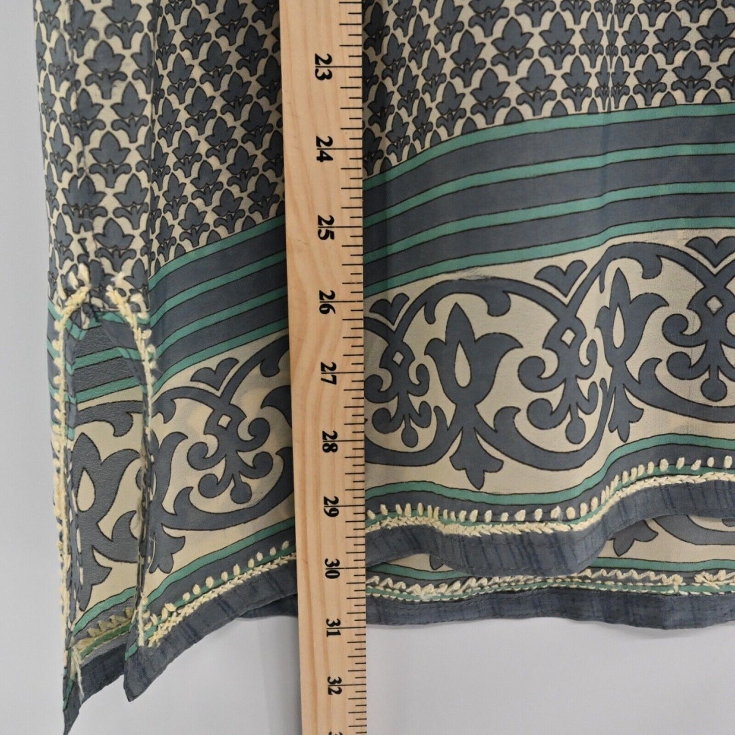 GRETCHEN SCOTT Tunic Top Womens Sz S Blue Silk Embroidered Boho Print 3/4 Sleeve