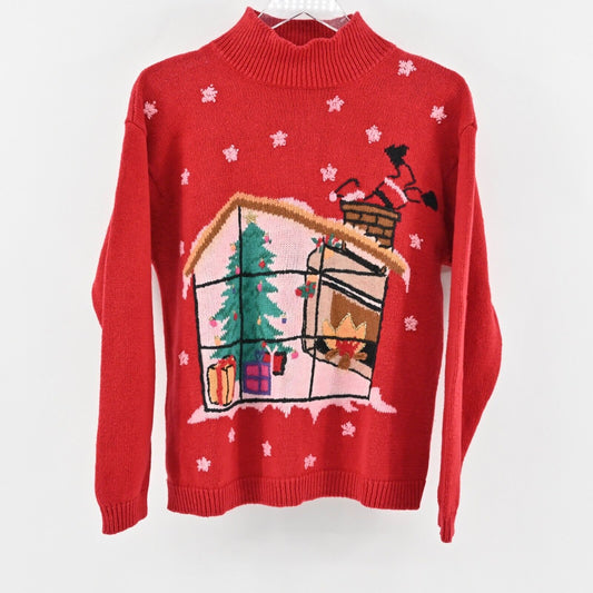 Vtg Ugly Christmas Sweater Womens Sz L Red Mock Neck Knit Santa Holiday Snowing