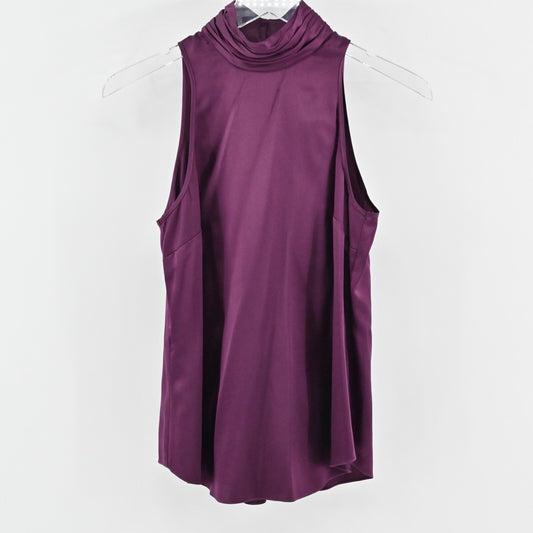 CINQ A SEPT Womens Silk Top Size XS Satin Purple Mock Neck Sleeveless Blouse