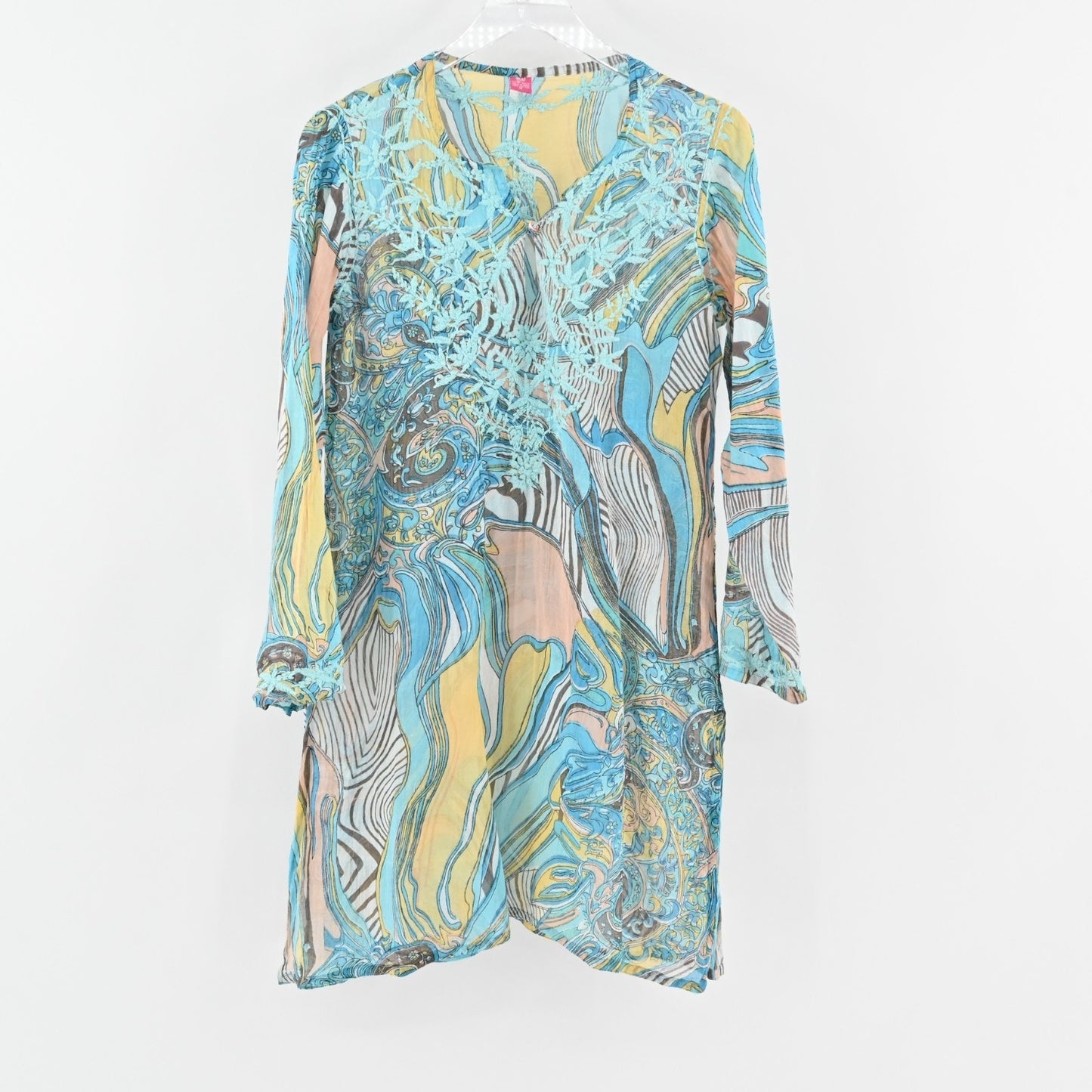 RAJ Tunic Dress Size M Blue Embroidered Printed Cotton Relaxed Fit Bohemian