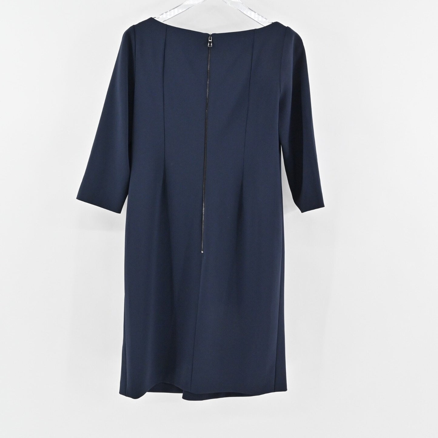 MOSCHINO Ruched Sheath Dress Size 12 Navy Boat Neck 3/4 Sleeve CHEAP AND CHIC