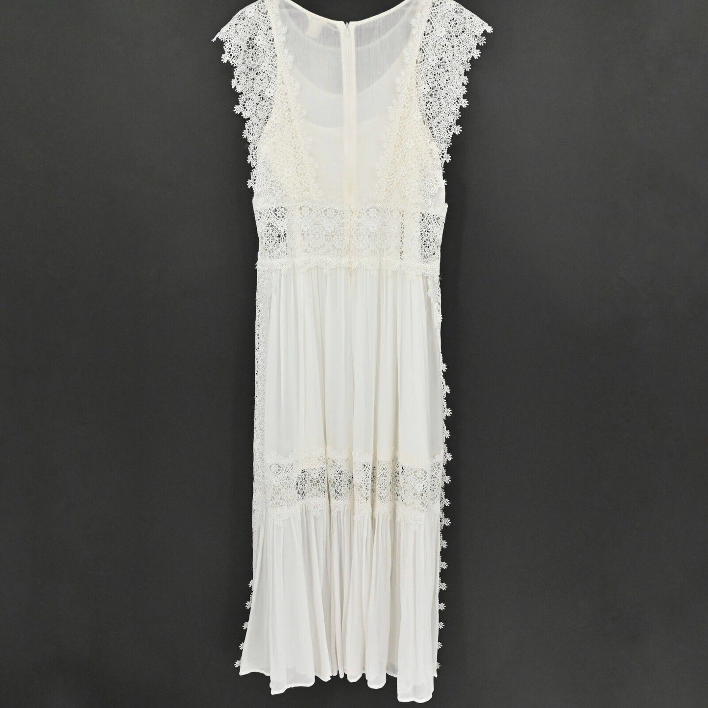 SUNDANCE Dress Womens Size 10 Ivory Floral Lace Ruffle Flutter Sleeve Maxi NEW