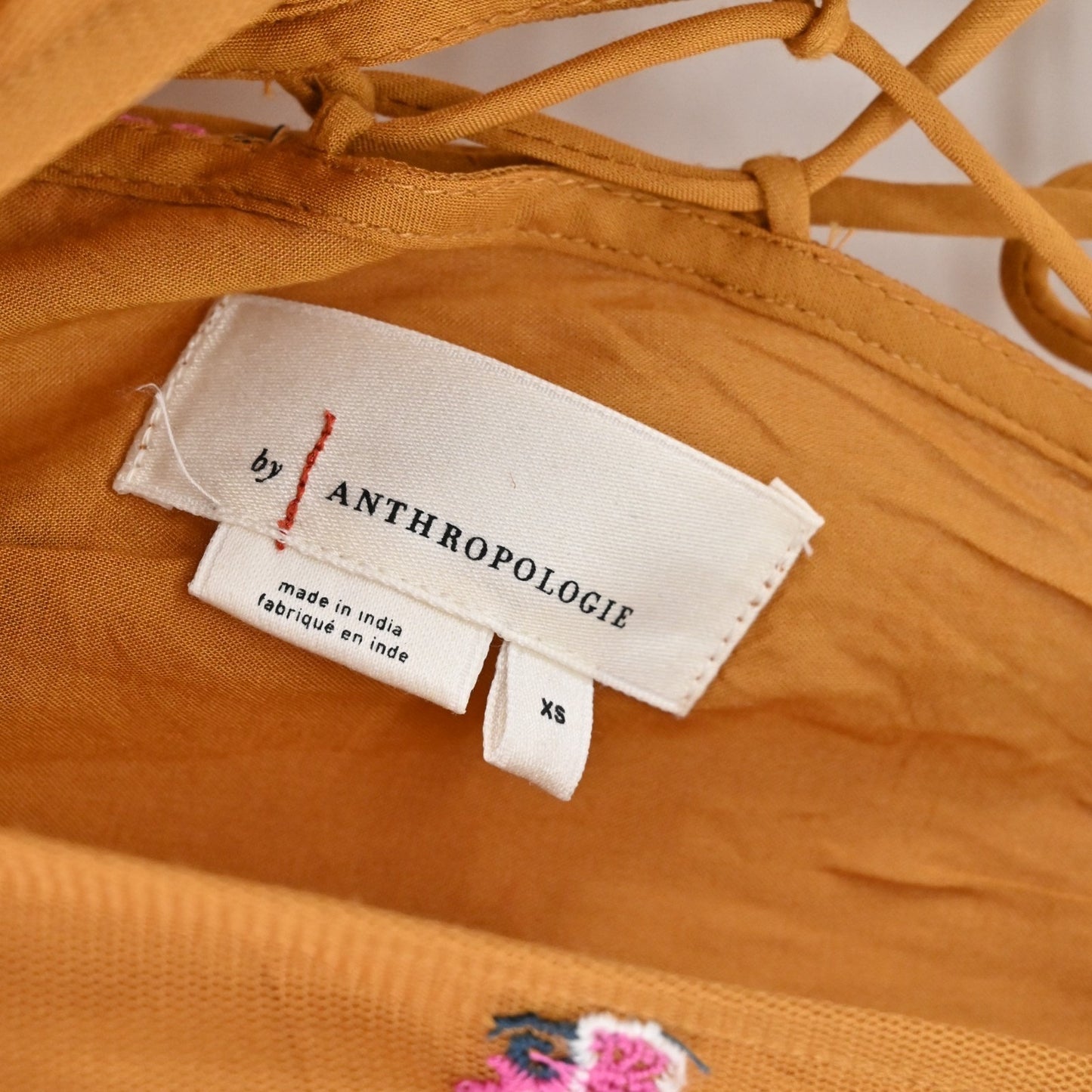 ANTHROPOLOGIE Floral Embroidered Top Womens Size XS Smocked Tulle Brown Blouse