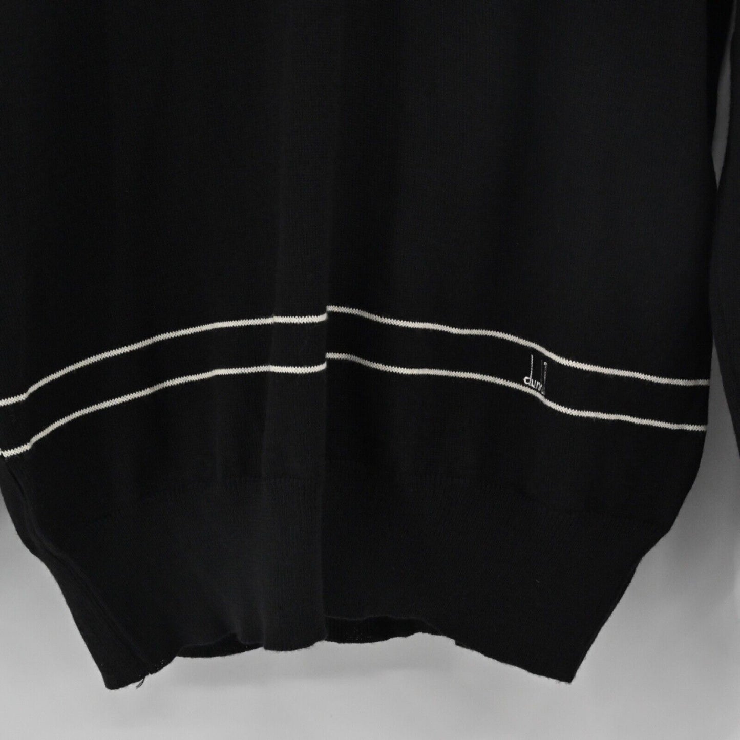 Vtg DUNHILL Sweater Womens Sz L Black White Stripe Logo VNeck Wool Academia 70s