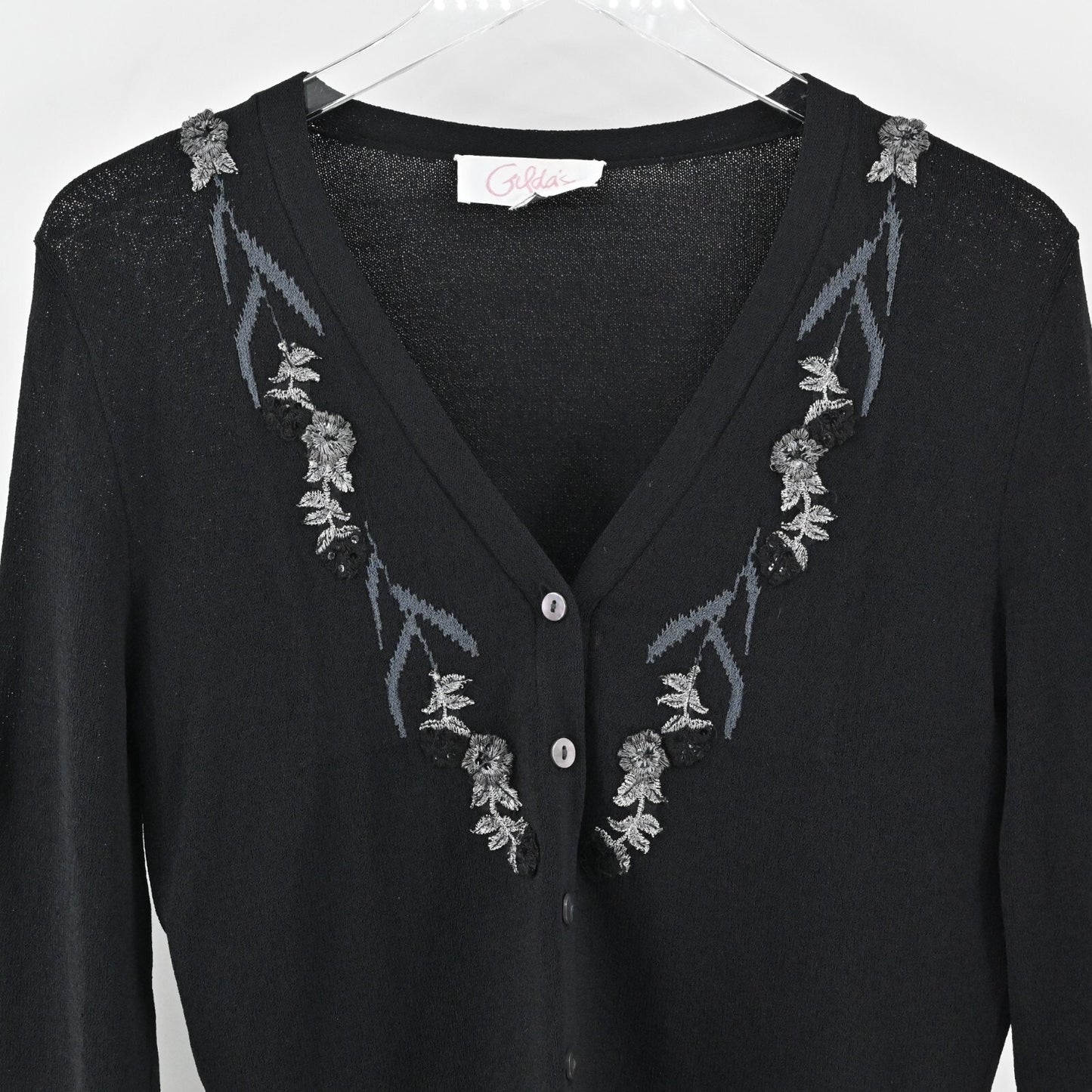 Vtg Embroidered Cardigan Womens Size M Black Floral Trim Knit GILDAS Sweater