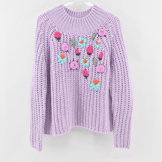 Vtg Embroidered Sweater Womens Sz M Purple Floral Chunky Knit Wool Blend LASEINE