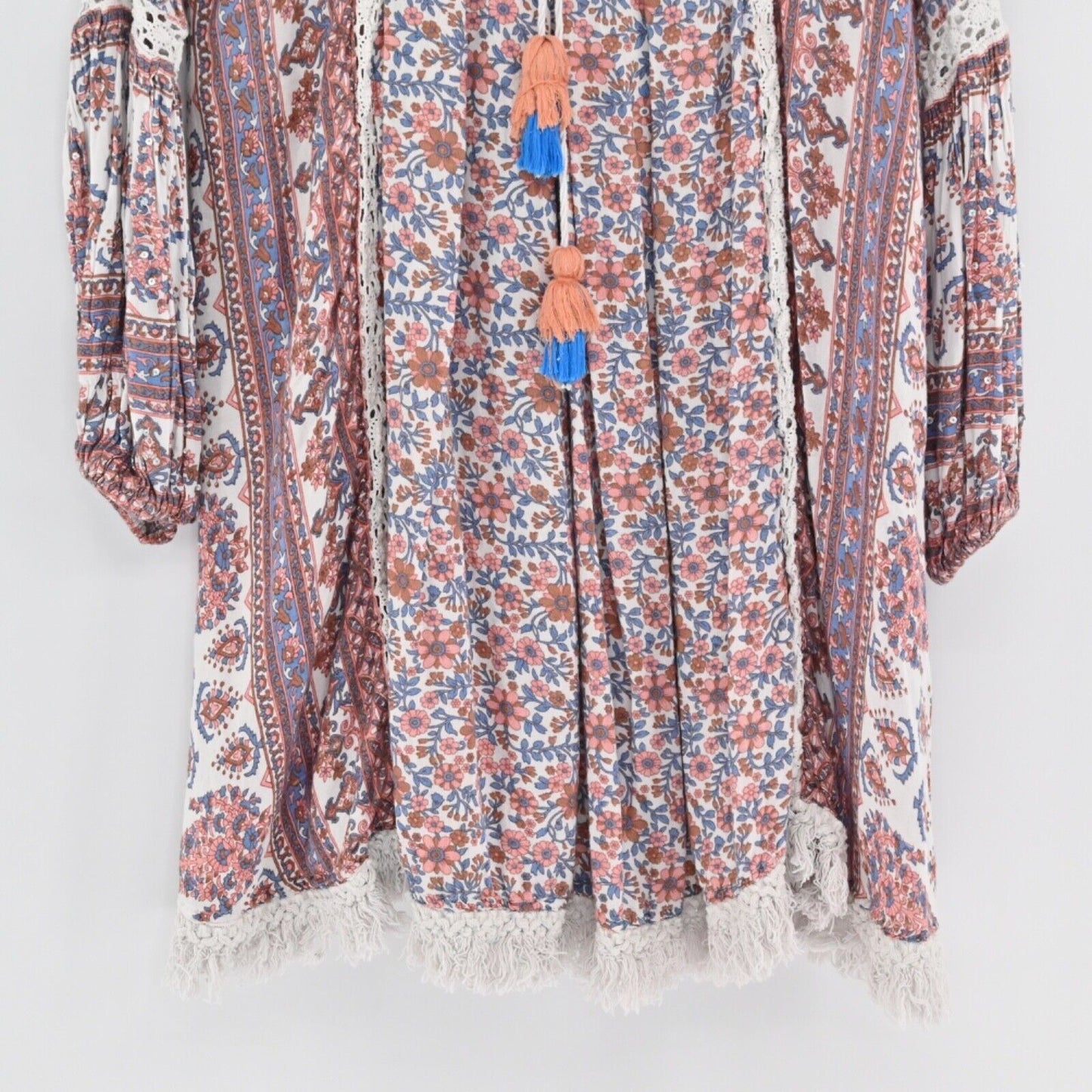 RAGA Dress Womens Size XS Samaira Mini Swing Floral Print Tassel Tie Fringe Trim