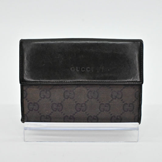 Vtg GUCCI Wallet Brown Leather Classic Monogram GG Logo Print Fold Compact