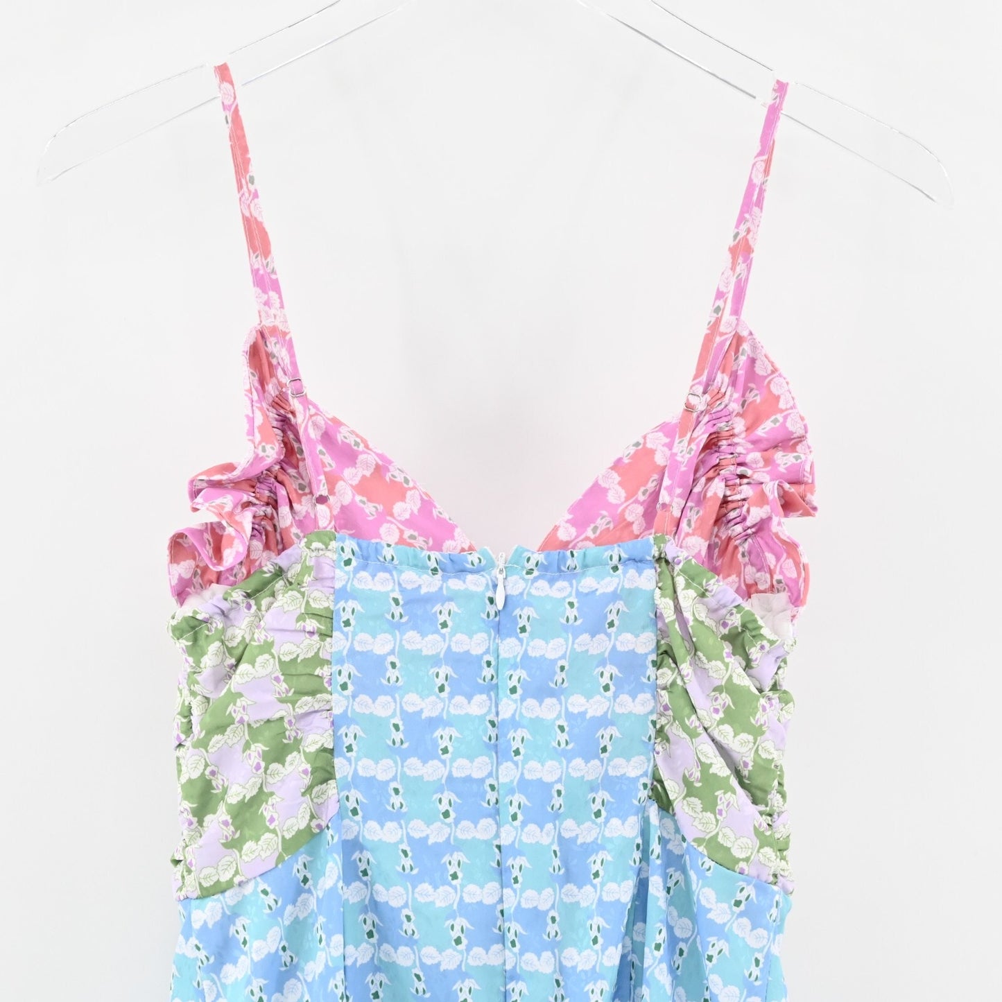 ENGLISH FACTORY Dress Sz S Pastels Floral Print Satin Sleeveless Midi Blue Pink