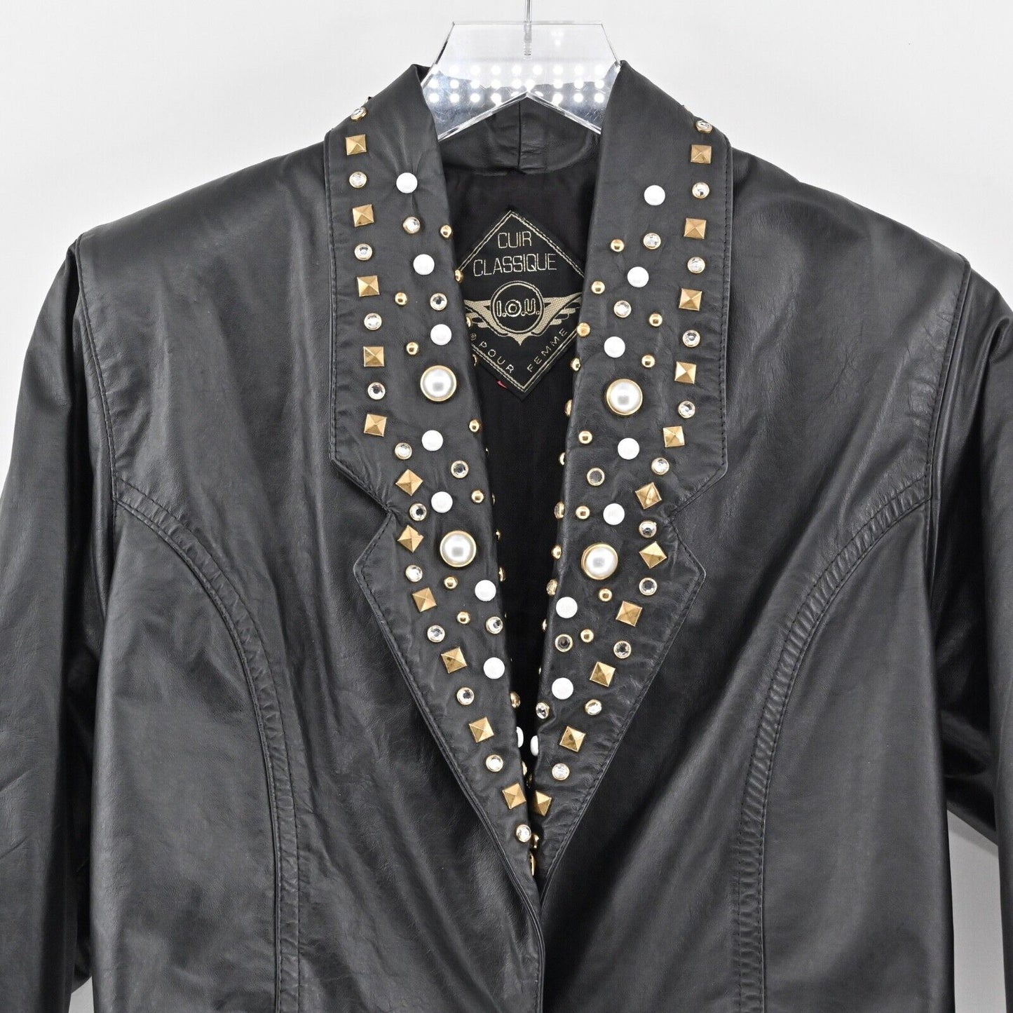 VINTAGE Leather Jacket Womens Sz M Black Studded Crop Moto Grunge Retro USA 80s