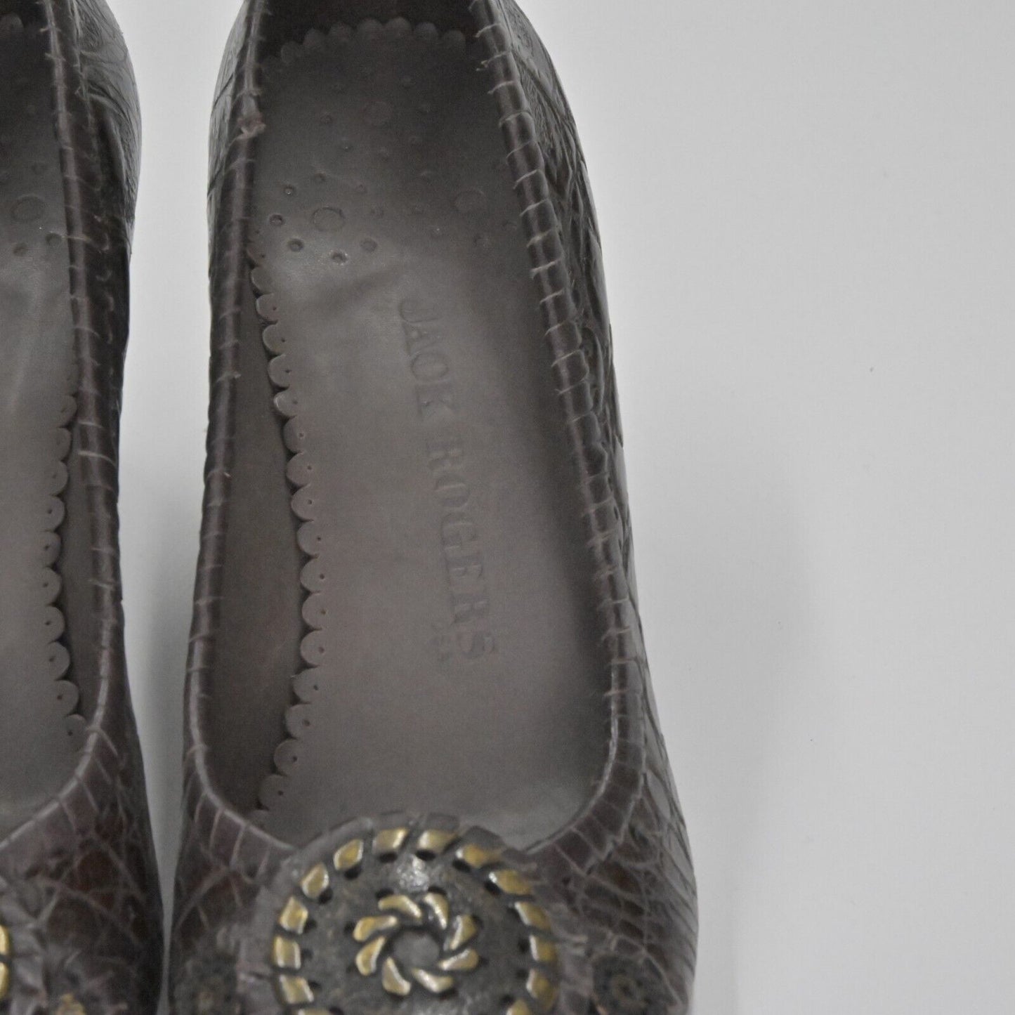 JACK ROGERS Heels Womens Size 7 Coin Isabelle Brown Croc Leather Pump Round Toe