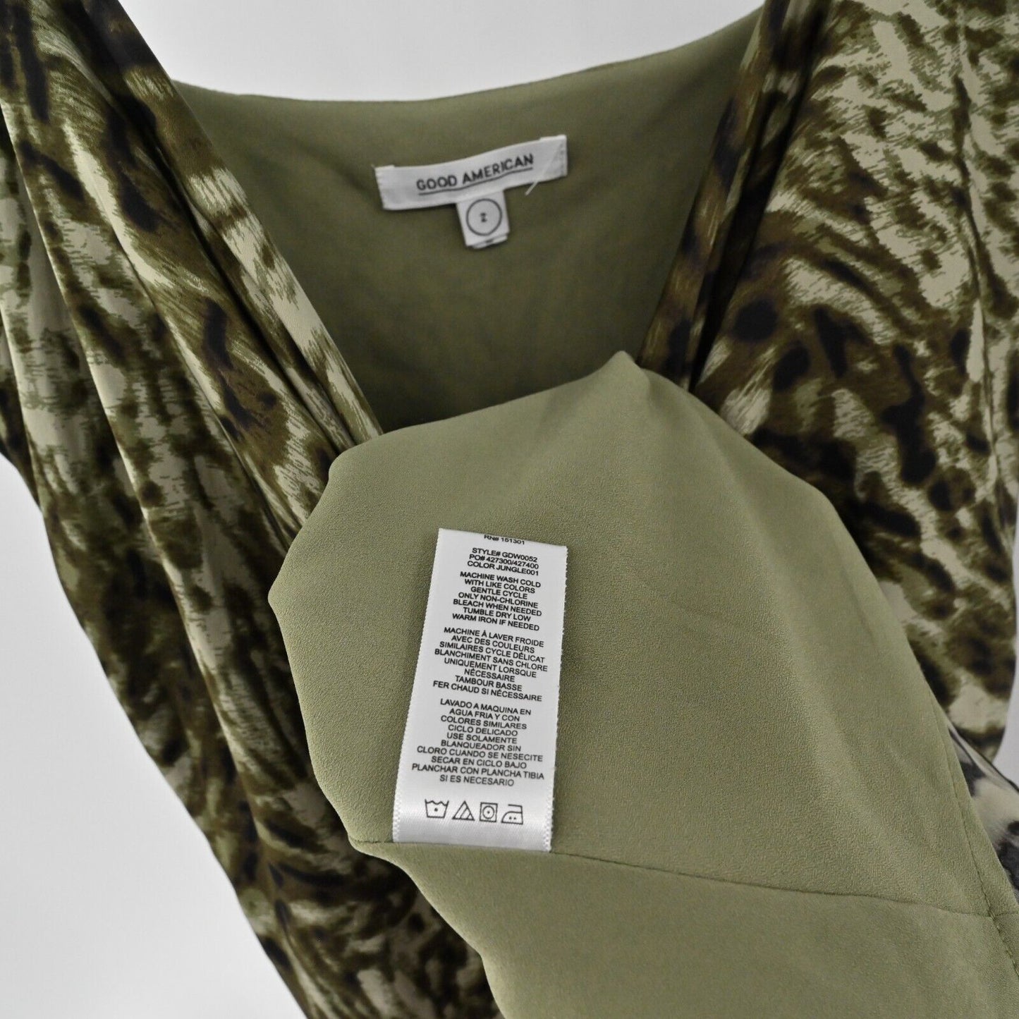 GOOD AMERICAN Dress Womens Size M Jungle Print Cowl Neck Viscose Stretch Midi