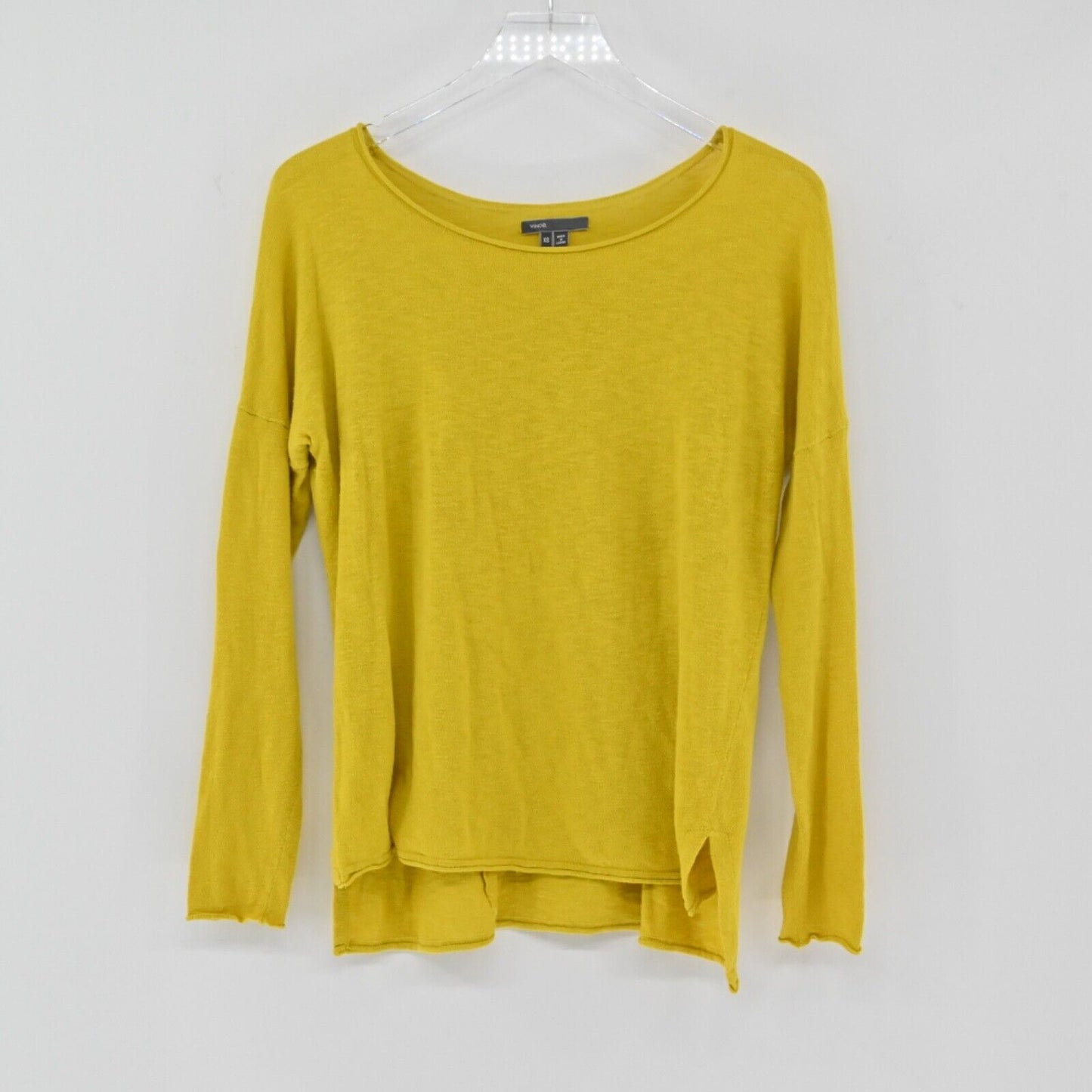 VINCE Top Womens Sz XS Mustard Yellow Slub Knit Relaxed Boat Neck Dolman Sleeve