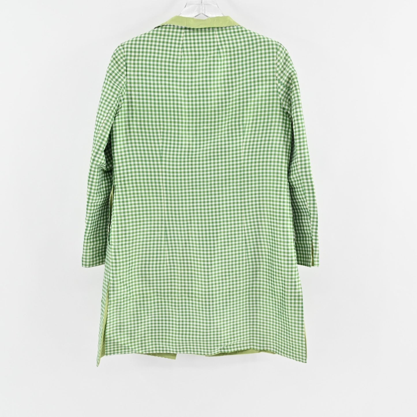 Vtg GRACE CHUANG Womens Silk Green Jacket Size M Gingham Open Front Longline
