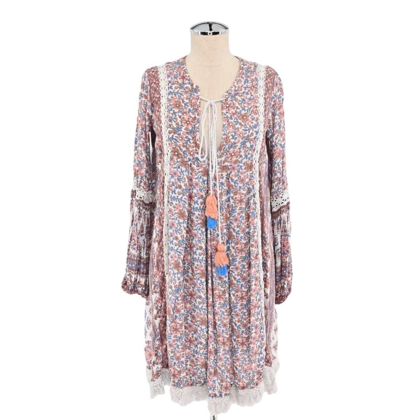 RAGA Dress Womens Size XS Samaira Mini Swing Floral Print Tassel Tie Fringe Trim