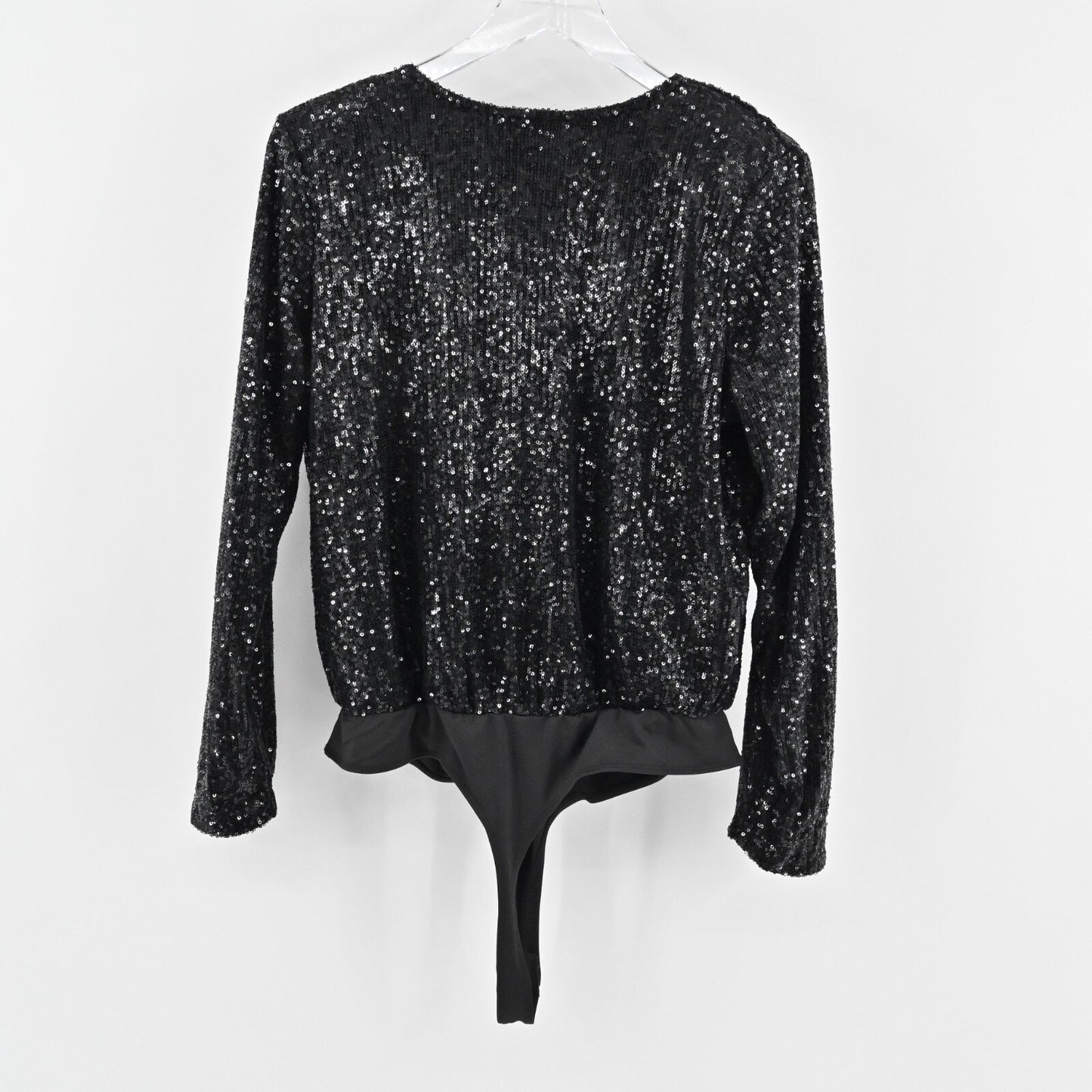 RACHEL ZOE Womens Sequin Bodysuit Size L Black V Neck Long Sleeve Glam Wrap Top