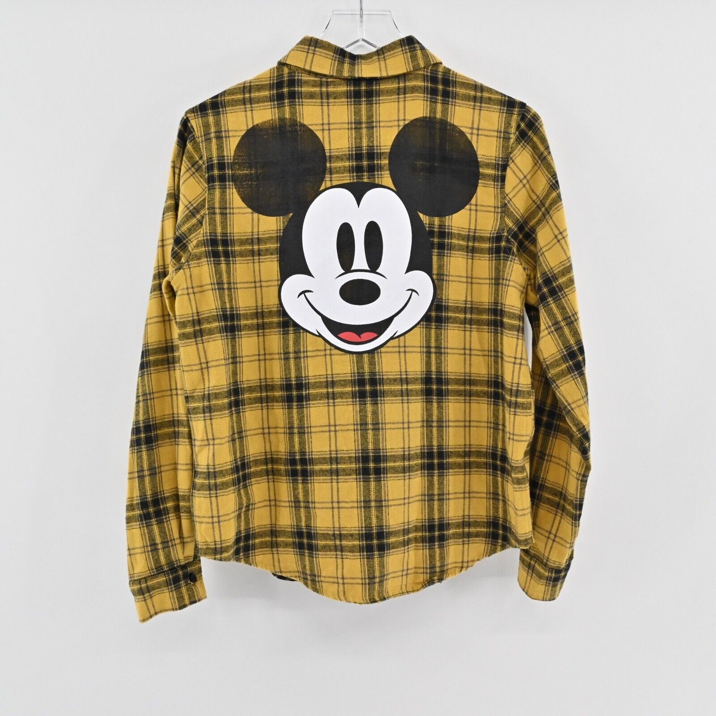 DISNEY Top Womens Size XS Yellow Plaid Mickey Mouse Graphic 100% Cotton Flannel